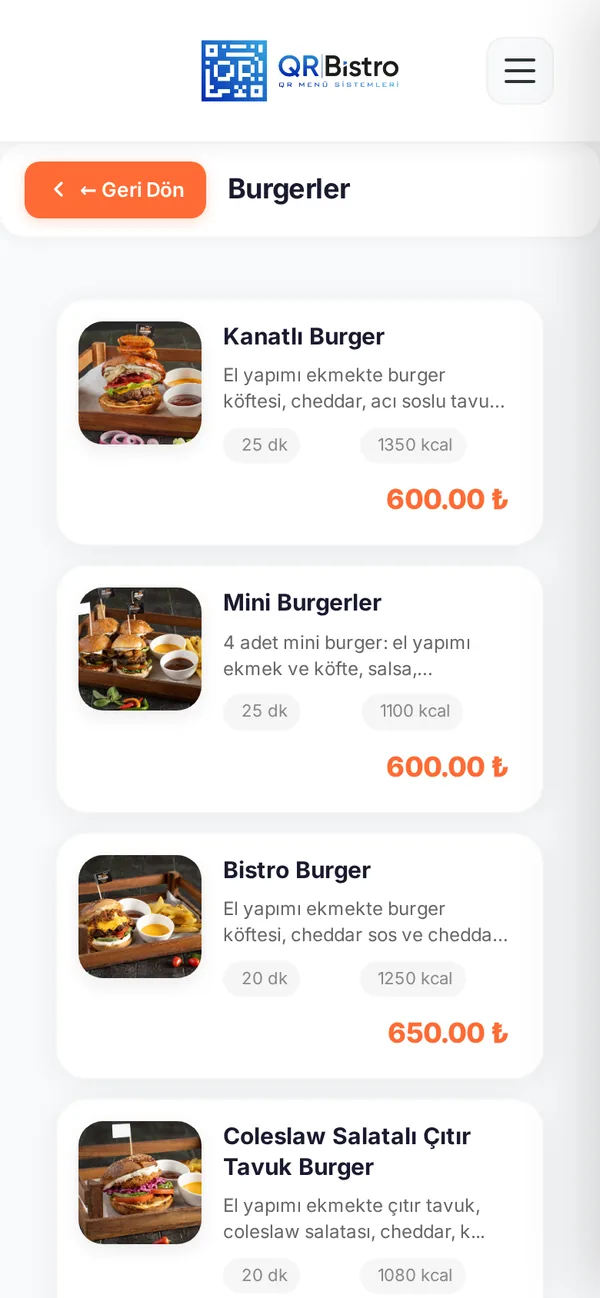 Burgerler kategorisi: ürünler, hazırlanma süresi, kalori ve fiyat
