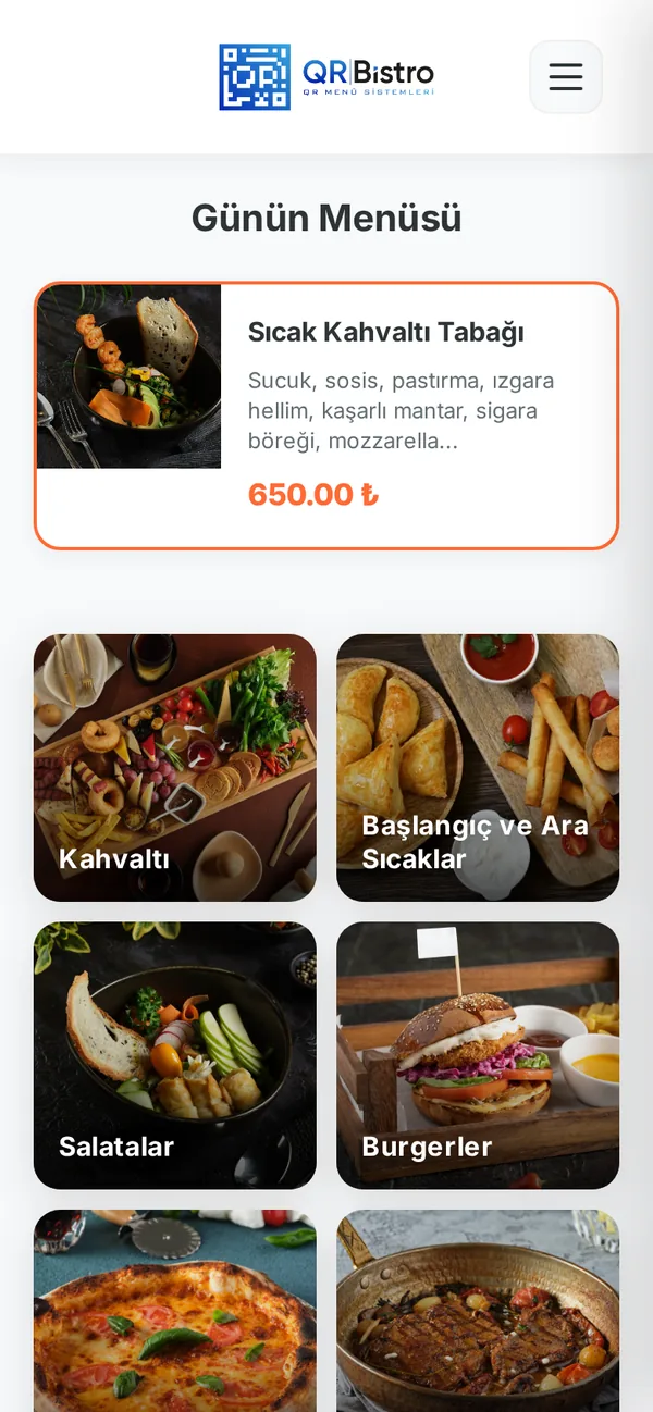 QR Bistro demo menüsünün ana sayfası: günün menüsü ve fotoğraflı kategoriler