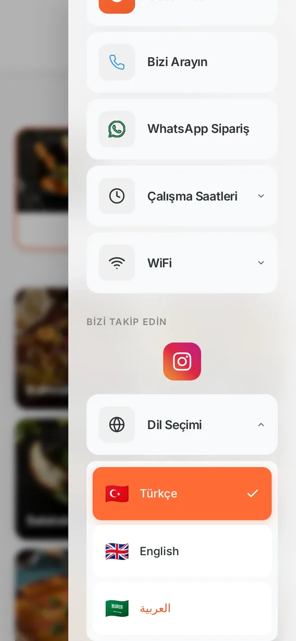 Menü çekmecesi: çalışma saatleri, WiFi, sosyal medya