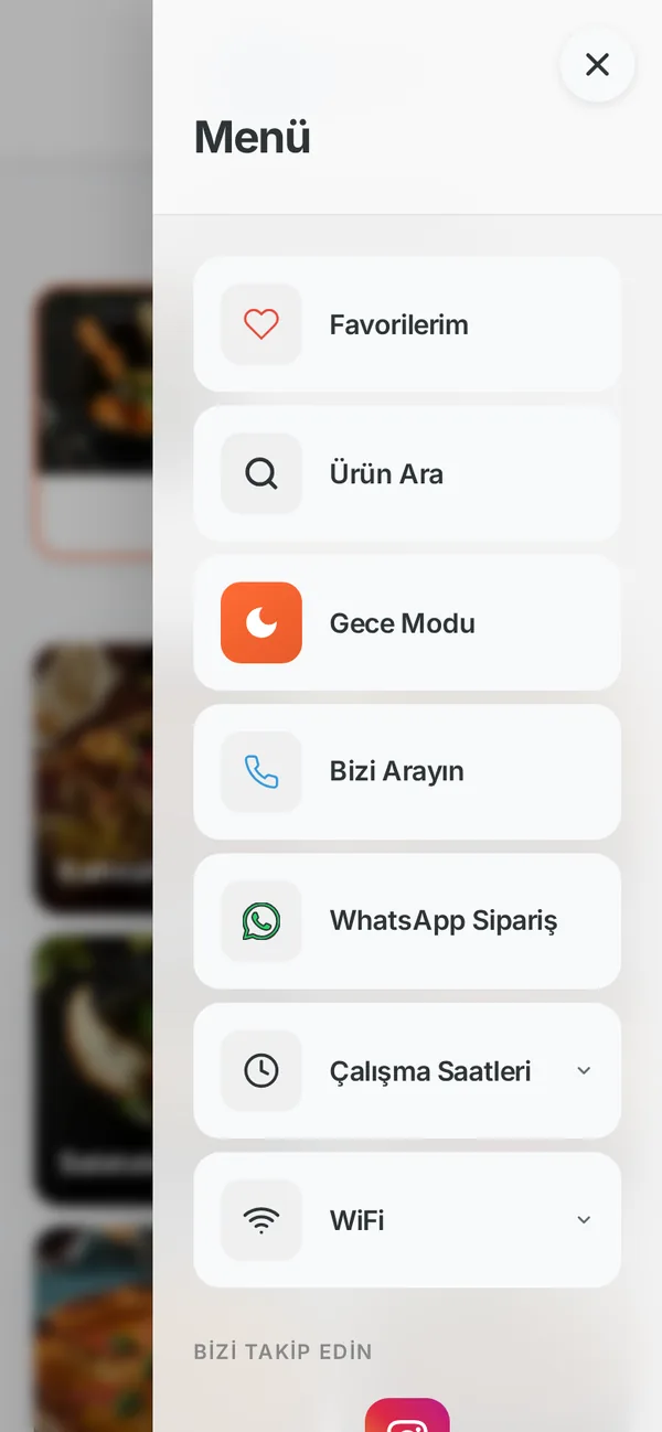 Menü çekmecesi: favoriler, arama, gece modu, arama ve WhatsApp sipariş